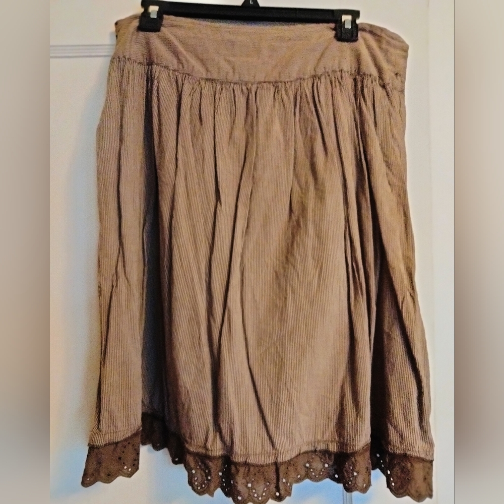 Brown pinstripe A-line skirt with lace detail